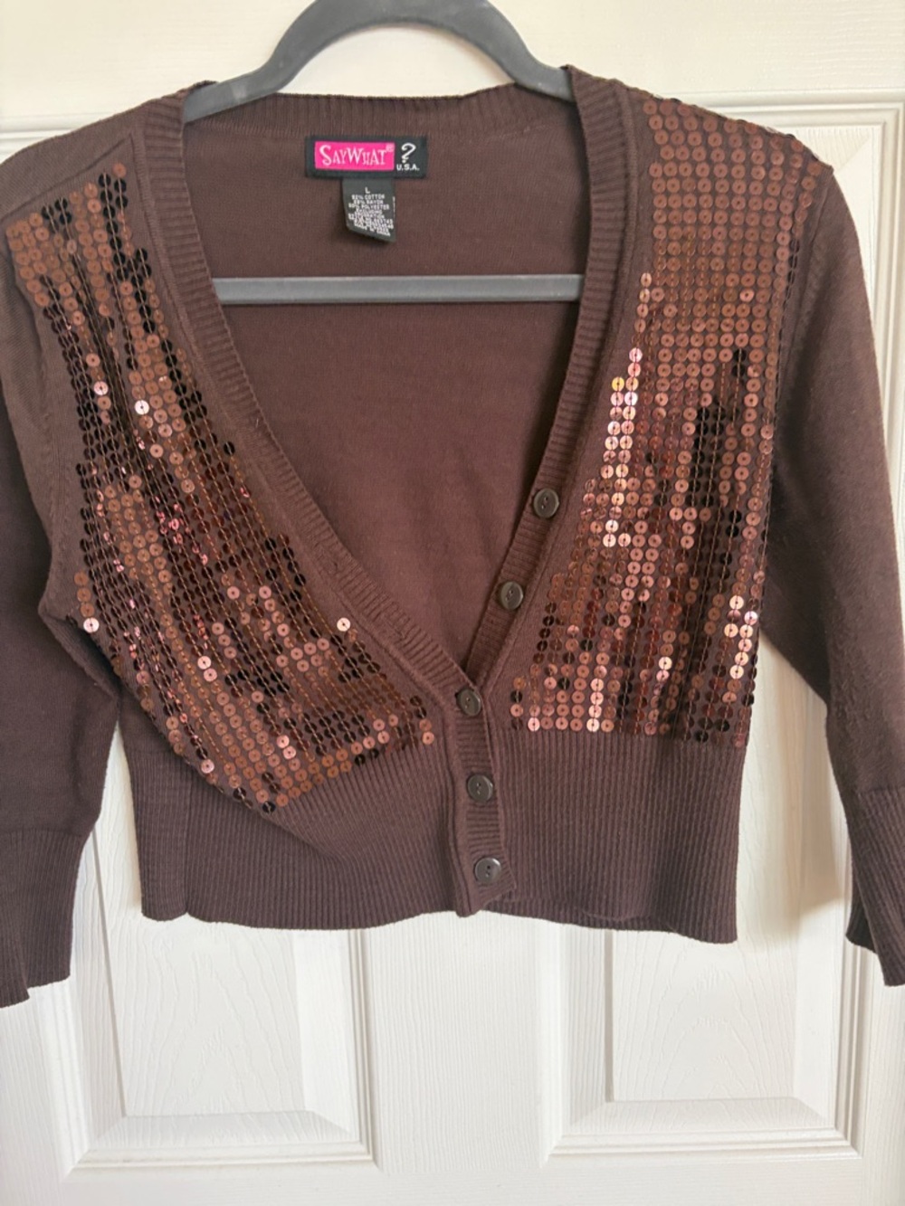 Say What? Chocolate Brown Cropped Cardigan with Copper Sequins